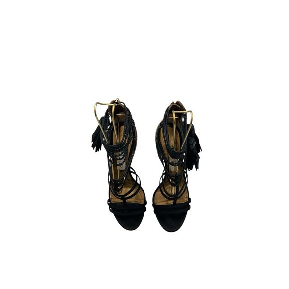 Jimmy Choo Diamond Black Satin Honey Gold Leather Sandals Tassels Heels Size 38 - Picture 4 of 13